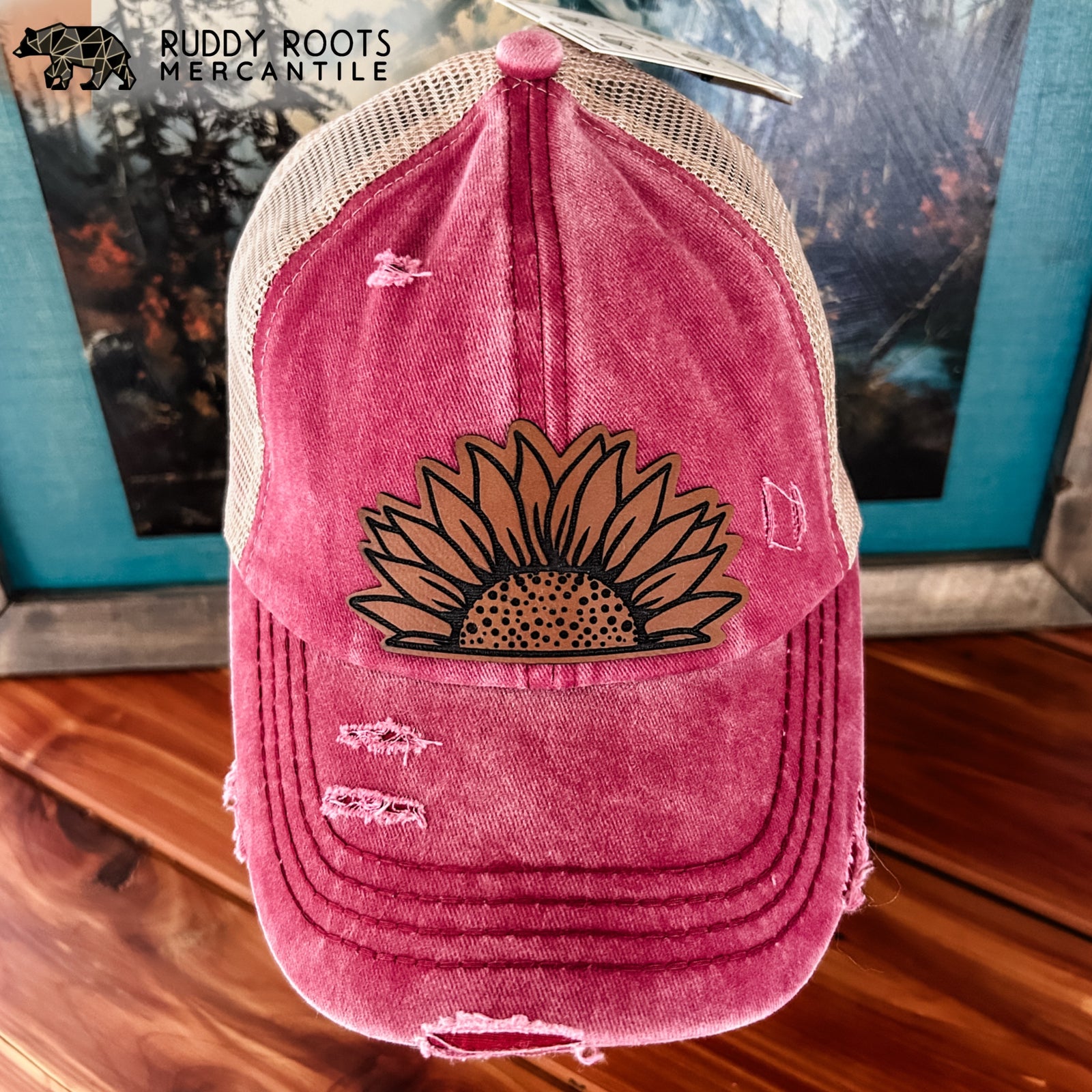 Sunflower Berry/Beige Leather Patch CC Ponytail Hat