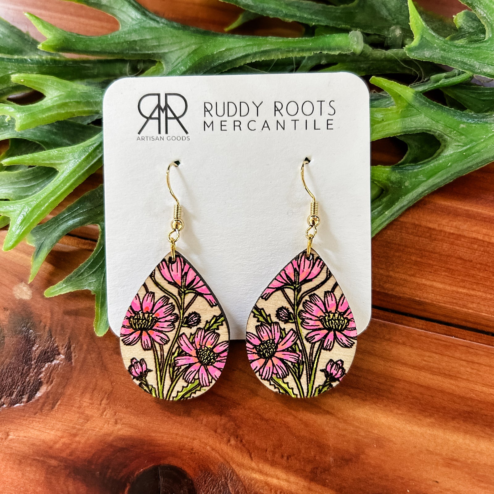 Pink Vintage Daisies with Hook Dangle Earrings