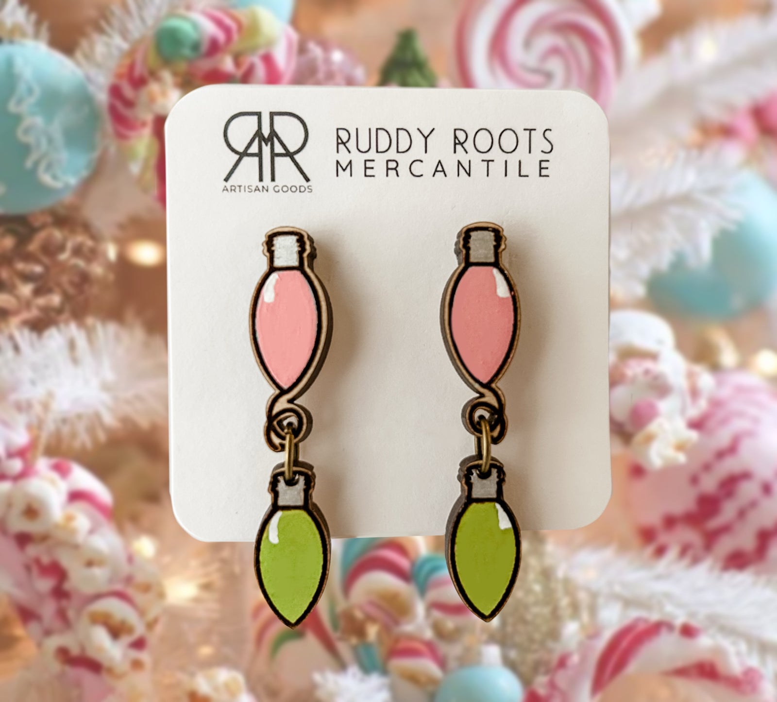 Candy Pink & Green Dangle Lights Christmas Dangle Earrings