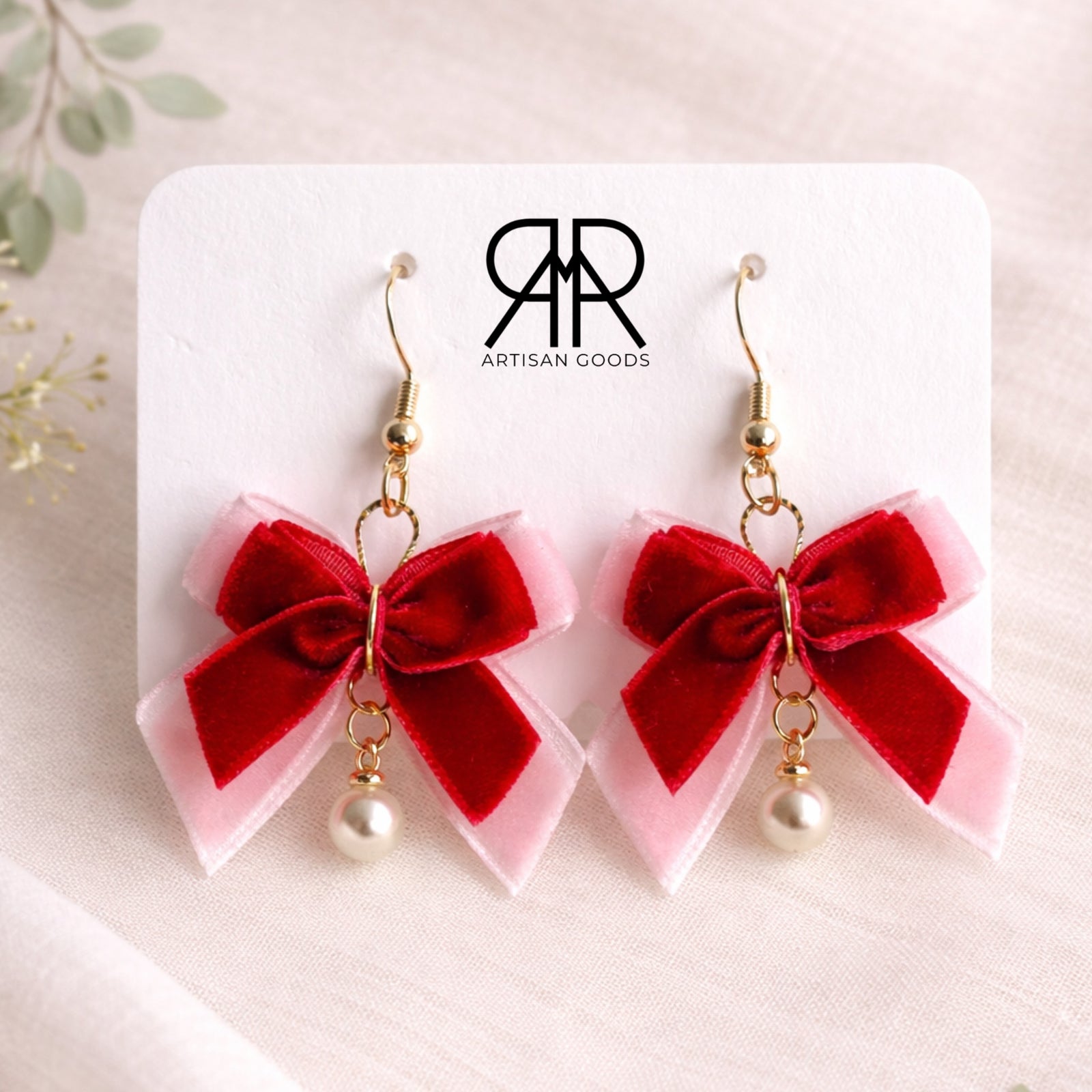 The Everly Bow Earrings Collection – Crimson Blush with Pearl