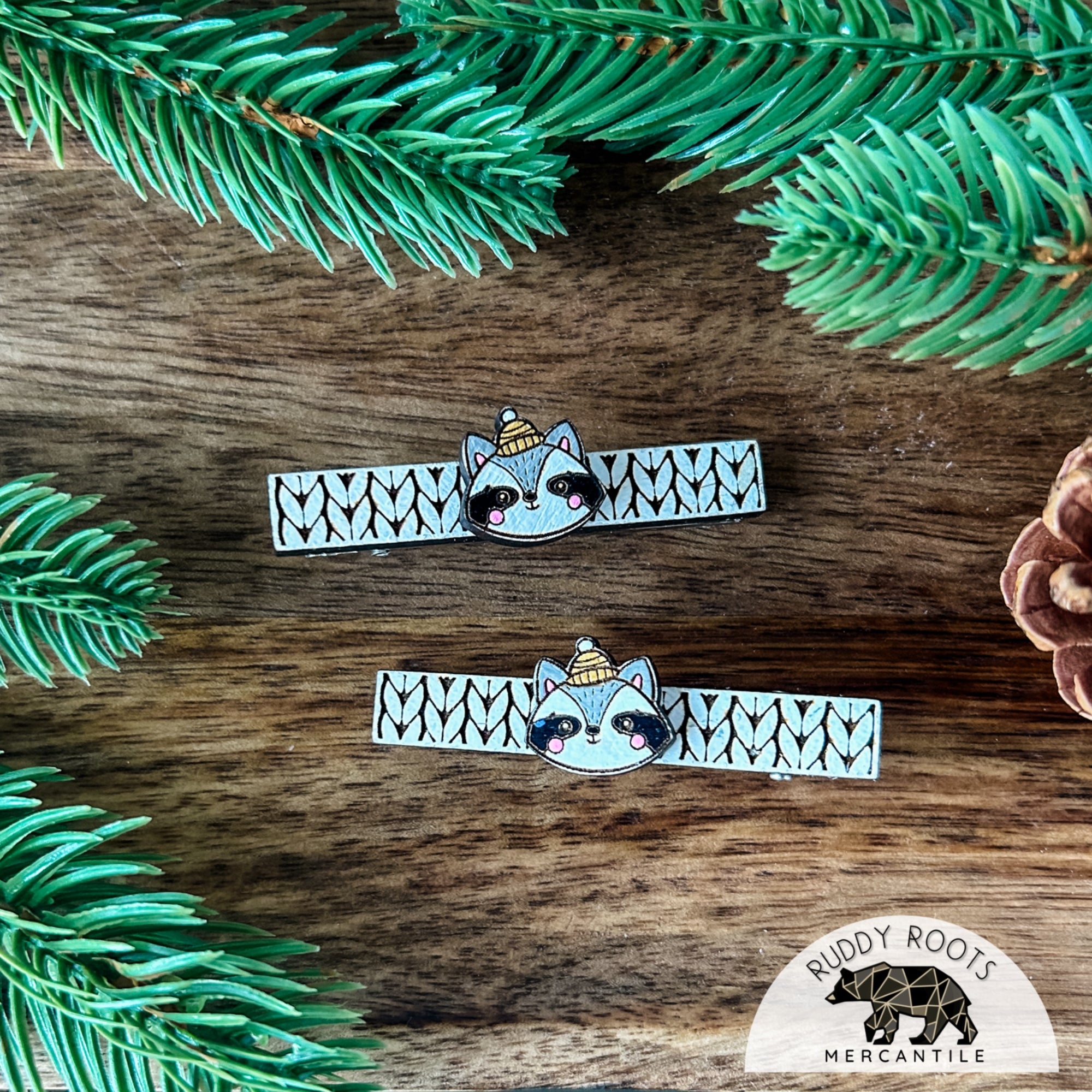 Winter Raccoon Hair Clips