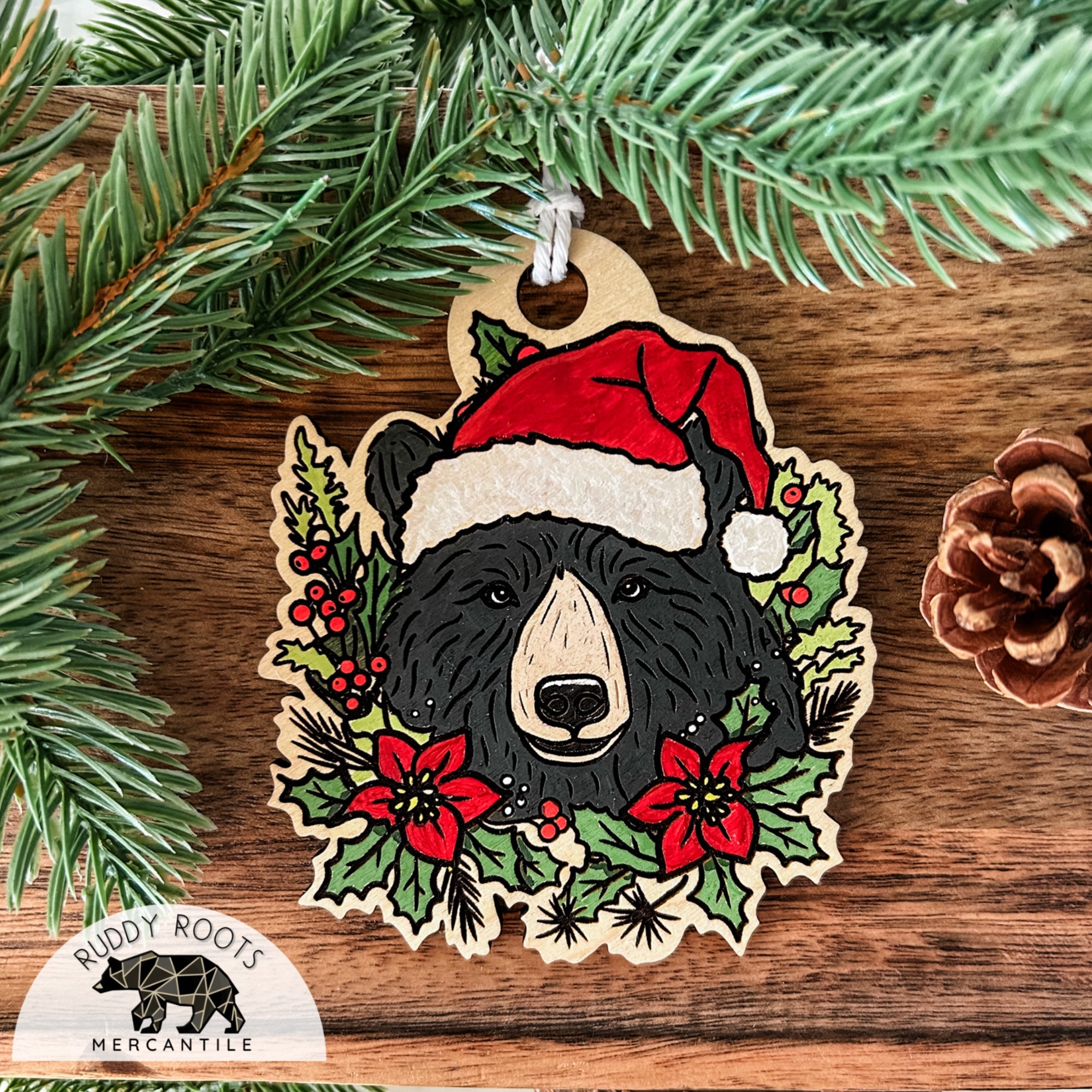 Poinsettia Black Bear Ornament