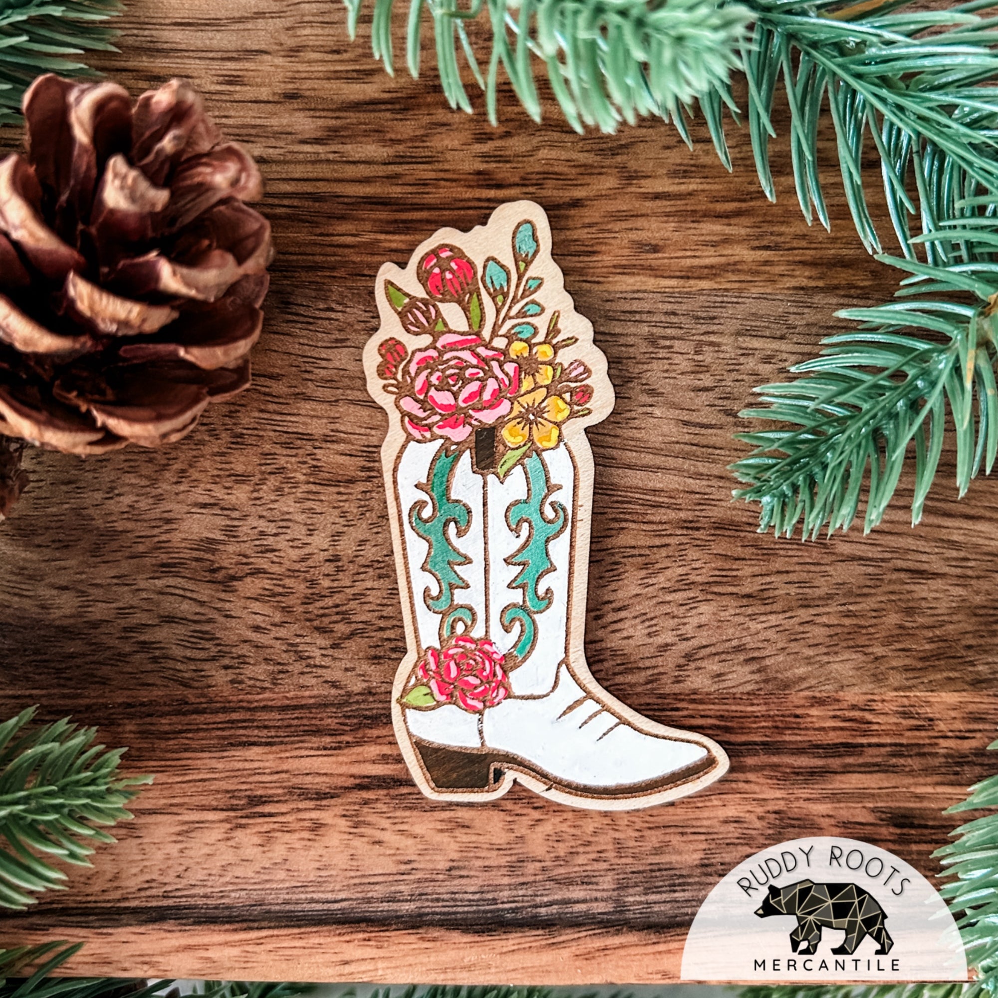 Floral Cowgirl Boot Hand-Painted Wooden Sticker