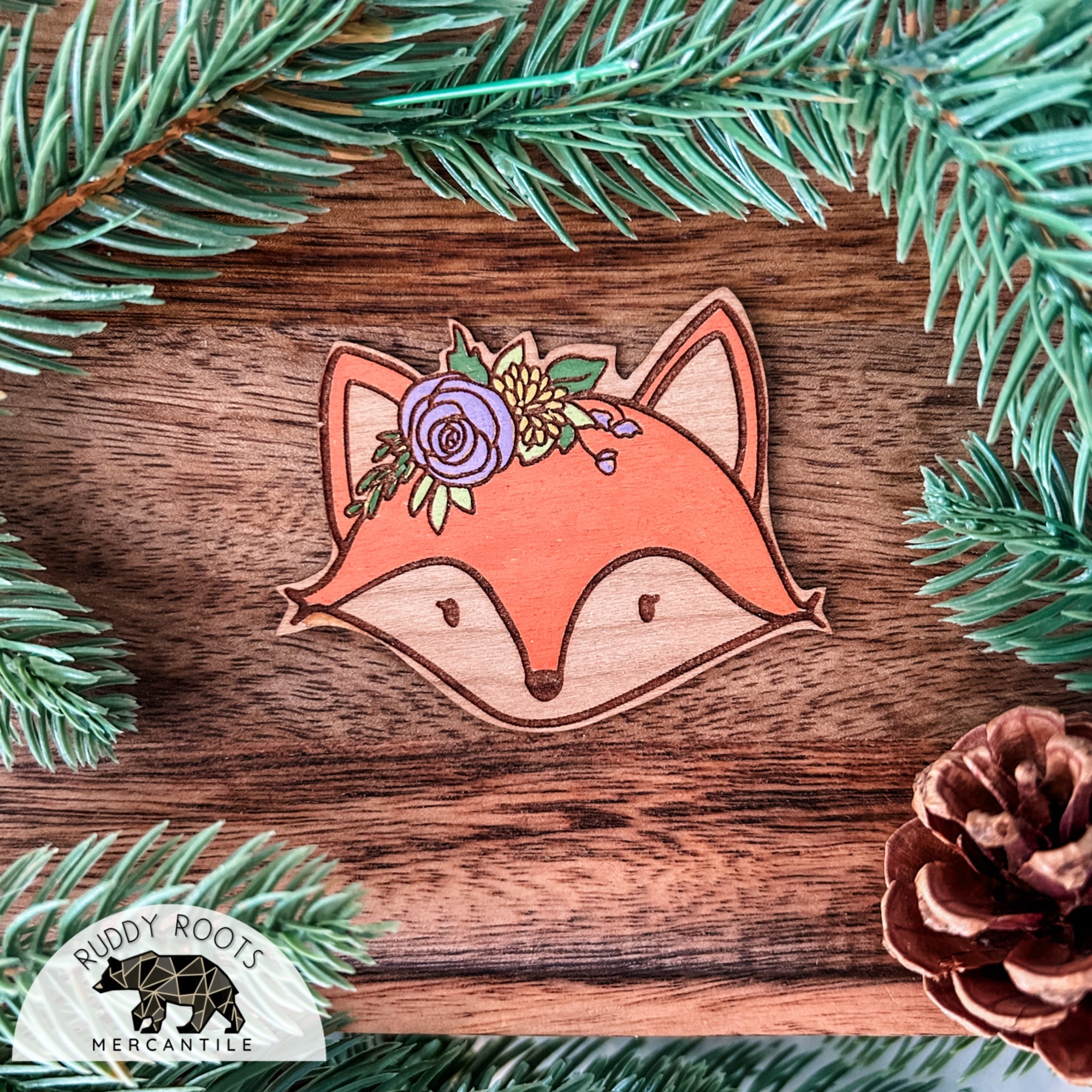 Floral Fox Hand-Painted Wooden Sticker