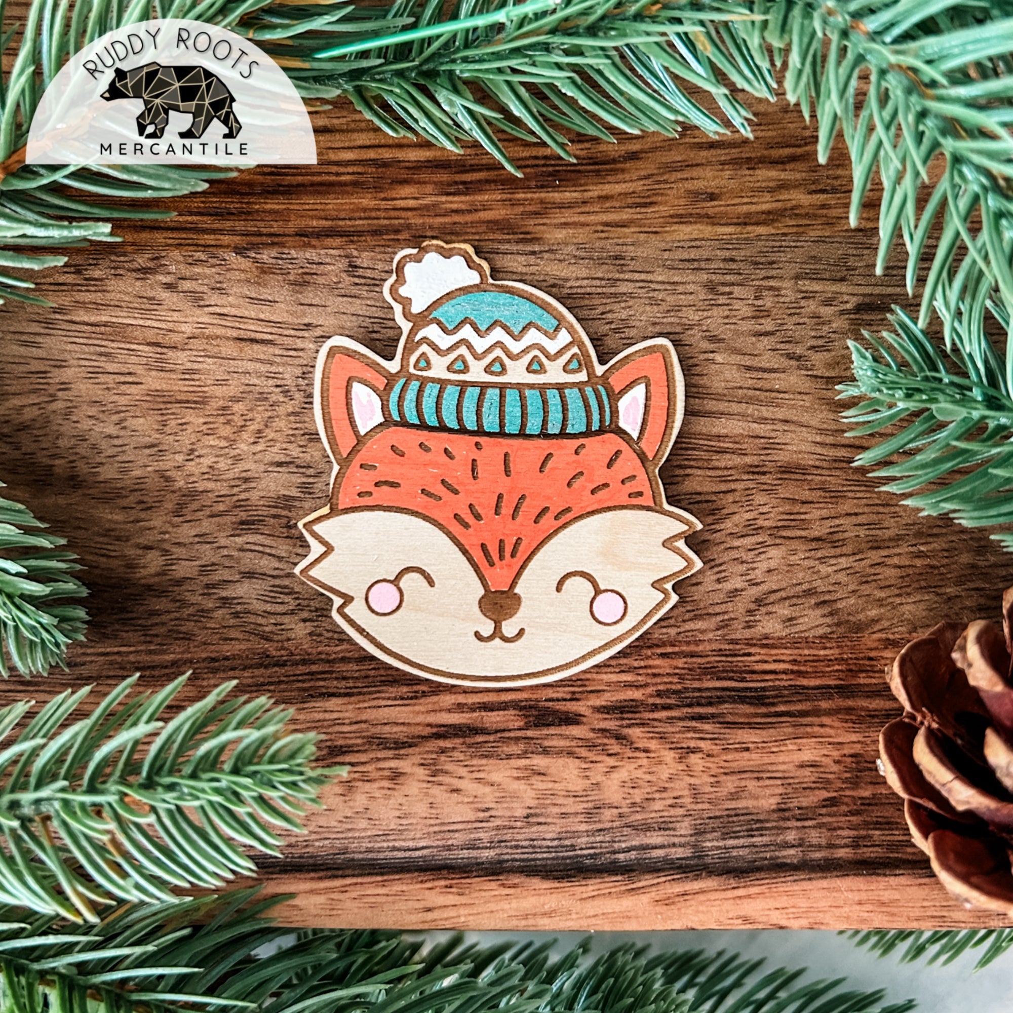 Winter Fox Hand-Painted Wooden Sticker