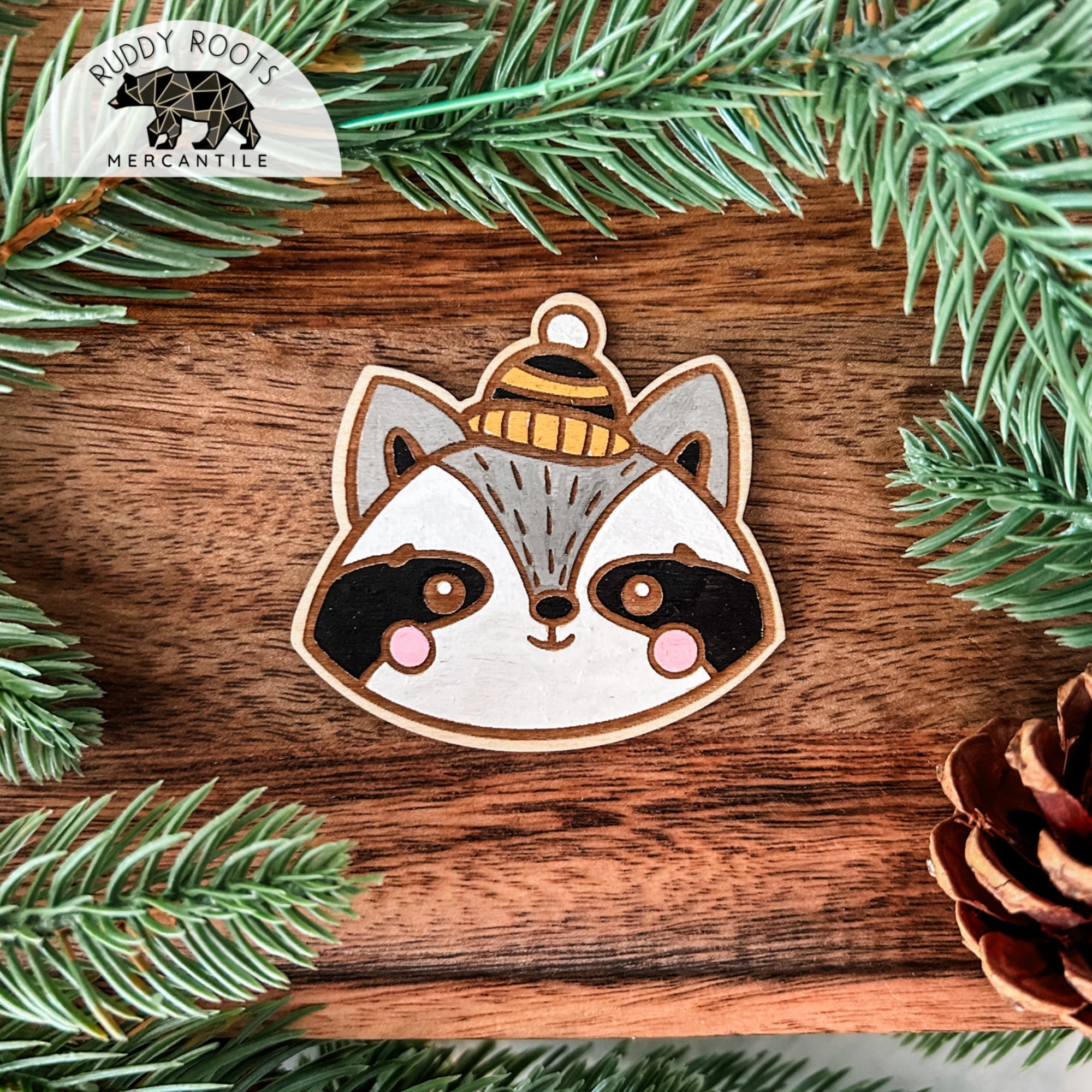 Winter Raccoon Hand-Painted Wooden Sticker