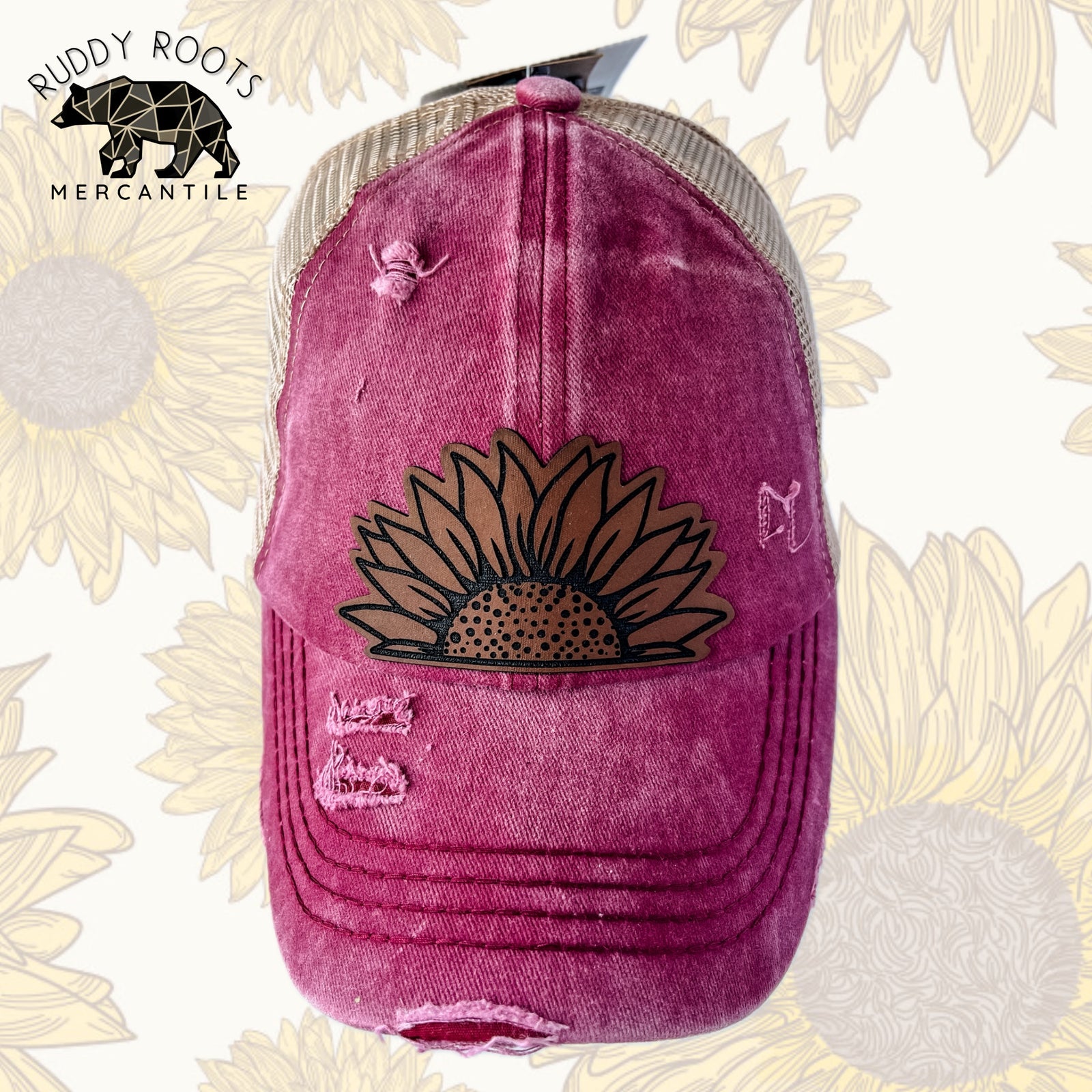 Sunflower Berry/Beige Leather Patch CC Ponytail Hat